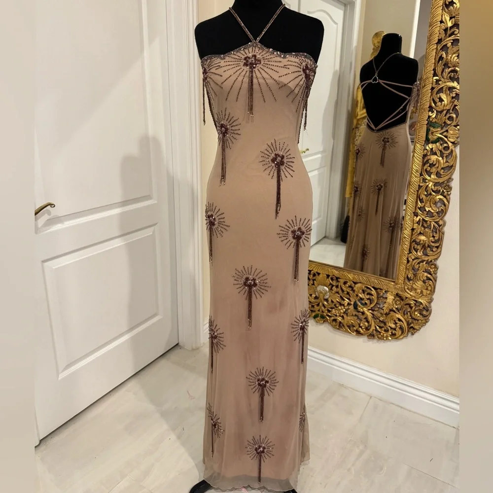 Designer Strapless‎ Blush hand Beaded Evening Gown on stretch power mesh